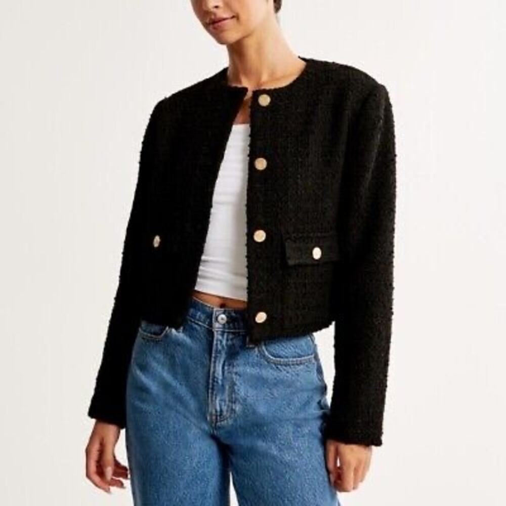 Abercrombie & Fitch Black Tweed Collarless Button Front Jacket Size Small